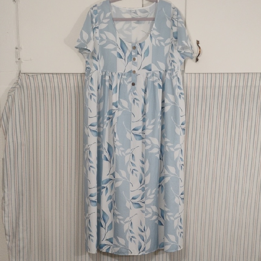 Blue and White Leaf Print Maxi Dress XL